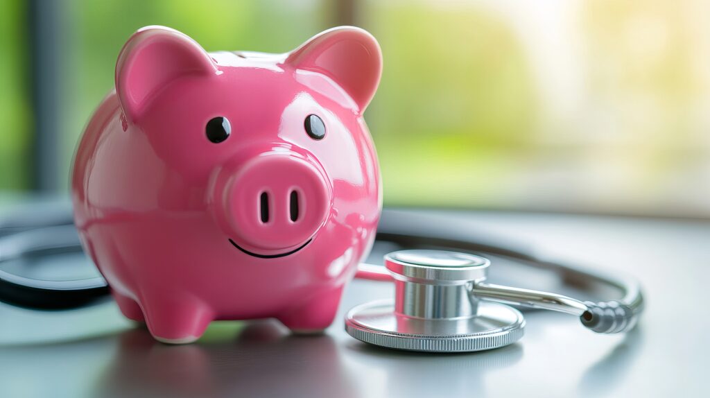 A smiling pink piggy bank next to a stethoscope