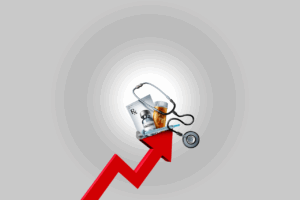 Red arrow trending up with medical equipment