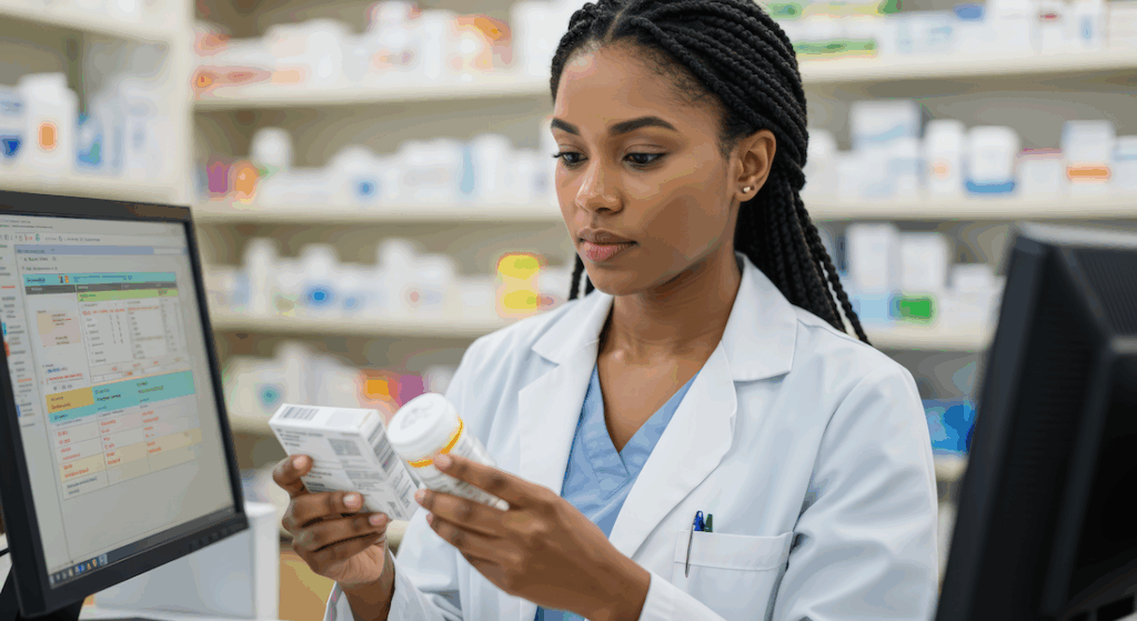Pharmacist looking at two prescription packages