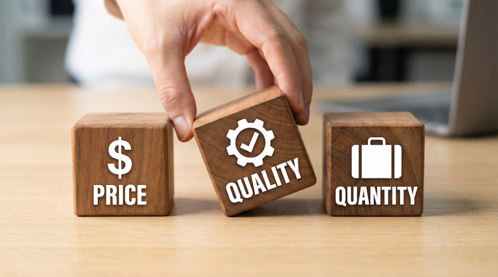 Three wooden blocks: one labeled price, one labeled quality, and one labeled quantity