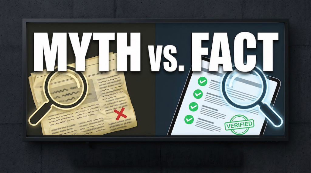 The words MYTH vs. FACT superimposed over illustrations of documents and magnifying glasses