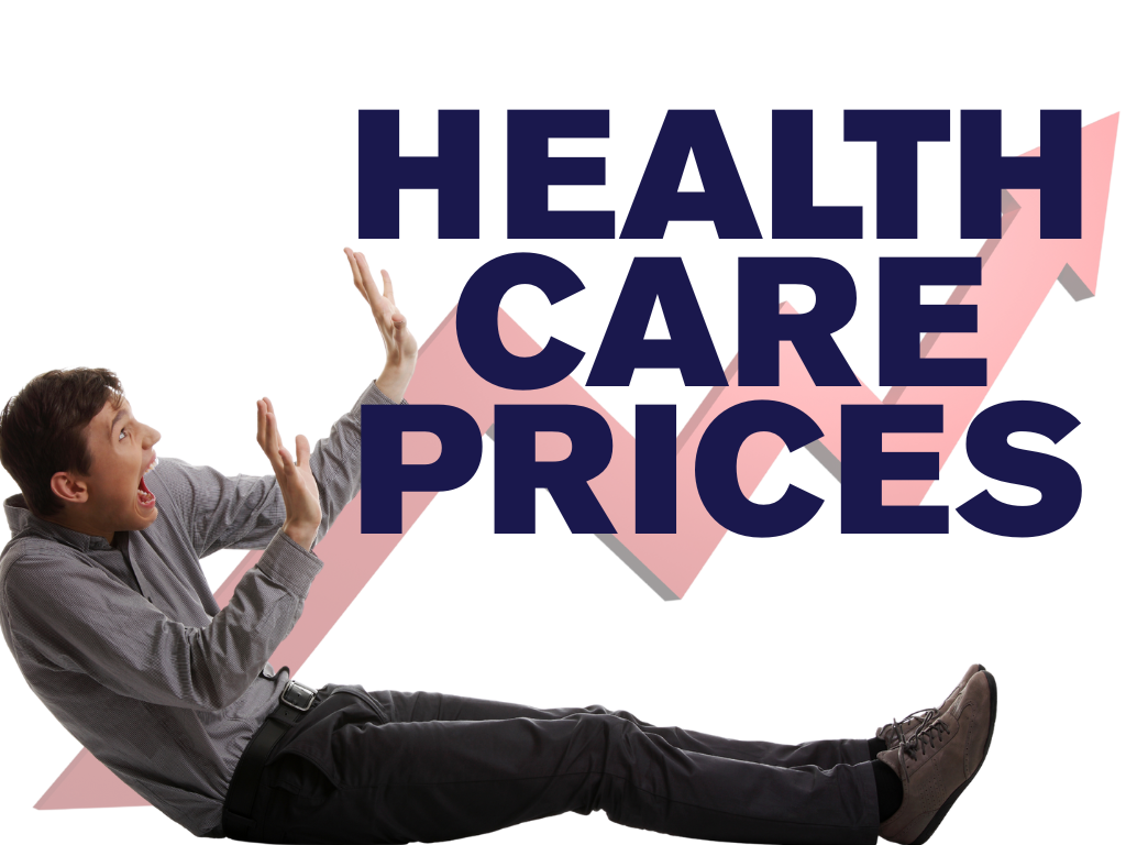 A man holding up his hands to protect himself from the words health care prices and an arrow pointing upwards in the background
